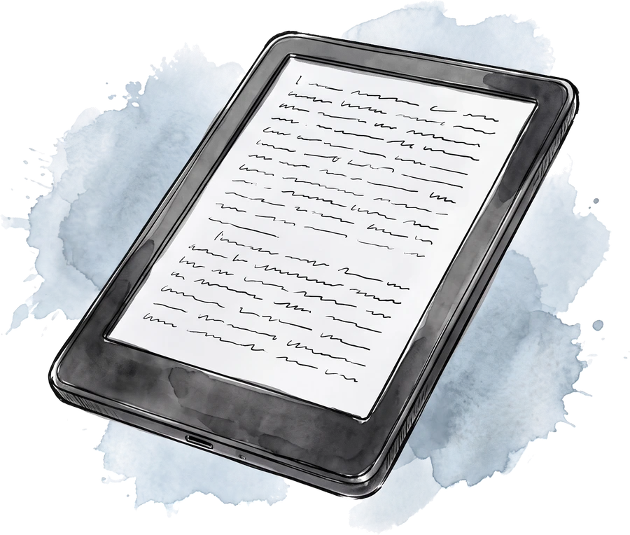 Ink and watercolor illustration of a Kindle Paperwhite showing an unreadable page of text.
