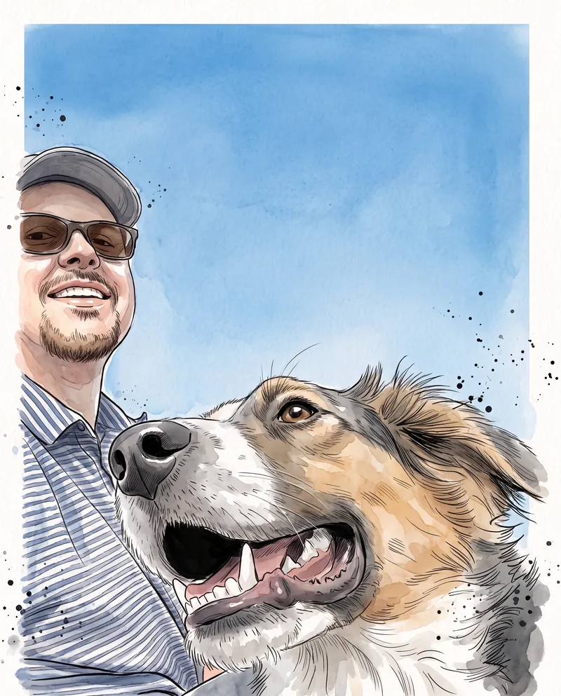 Ink and watercolor portrait of John R. Beckett and his dog Raven under a blue sky.