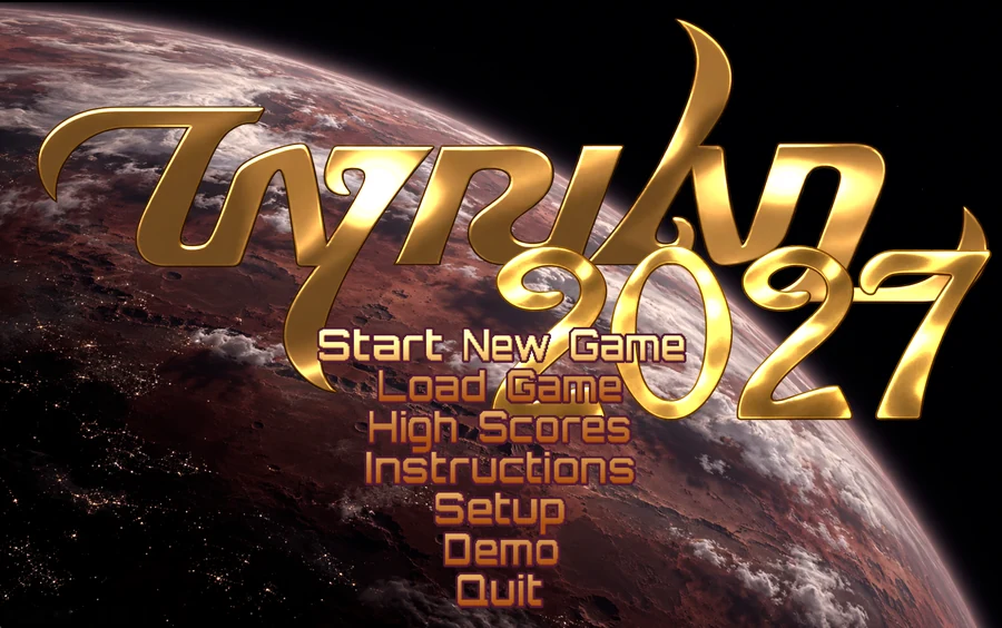 The MetalTyrian title screen: a gold Tyrian 2027 logo over a red planet, with the main menu below it.