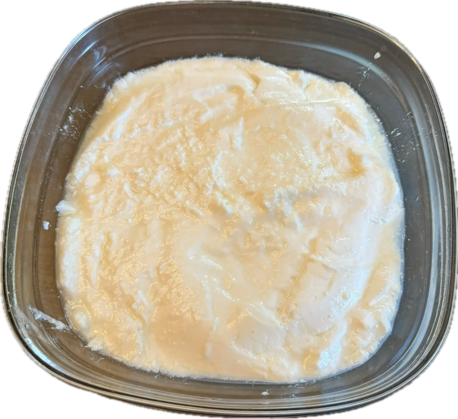 A dish of thick, homemade Super Gut yogurt, unmixed with visible whey pooling on top.