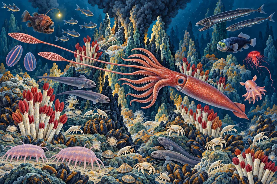 A detailed painting of a deep-sea hydrothermal vent landscape with a red squid swimming past tall mineral chimneys, red-tipped tube worms, mussels, pale shrimp and crabs, an anglerfish, lanternfish and a pink dumbo octopus against dark blue water