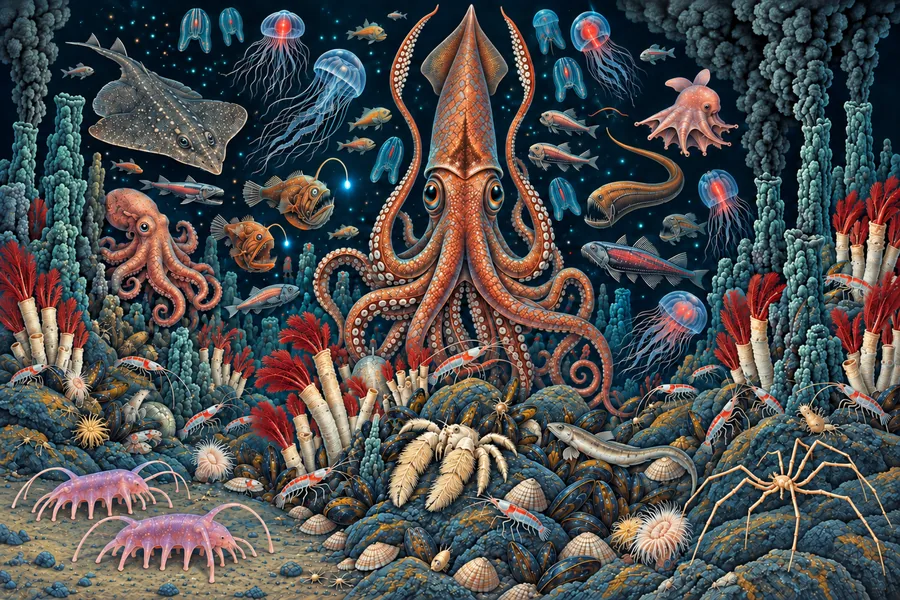 A detailed painting of a deep-sea vent scene with a large orange squid at the center, surrounded by jellyfish, anglerfish, an octopus, a ray, red-tipped tube worms, shrimp and pale spider crabs on dark rock