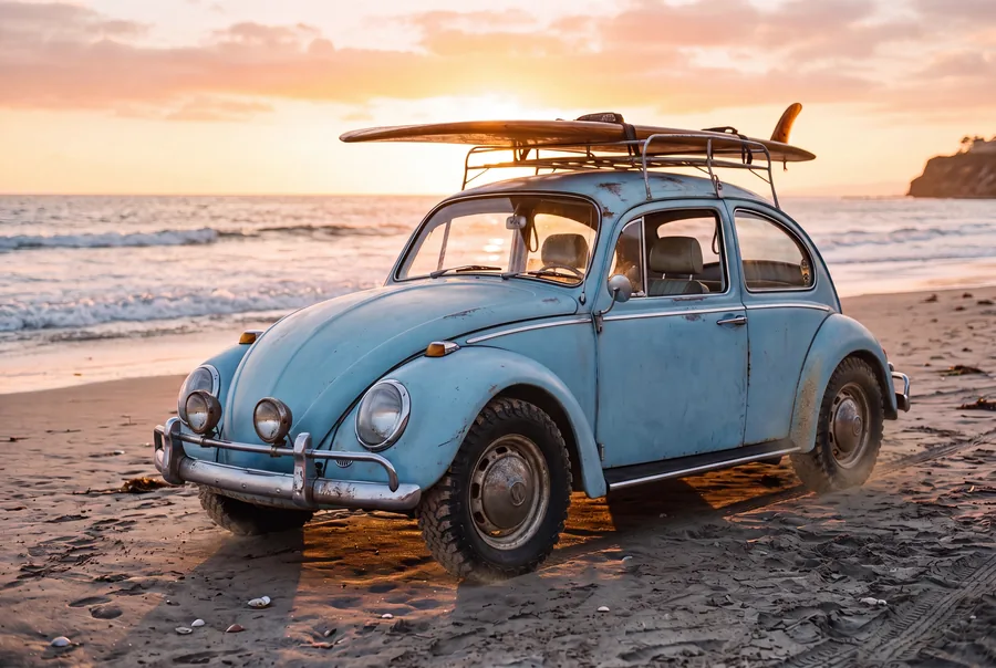 A rusty light blue Volkswagen Beetle with a surfboard strapped to its roof rack, parked on a beach at sunset