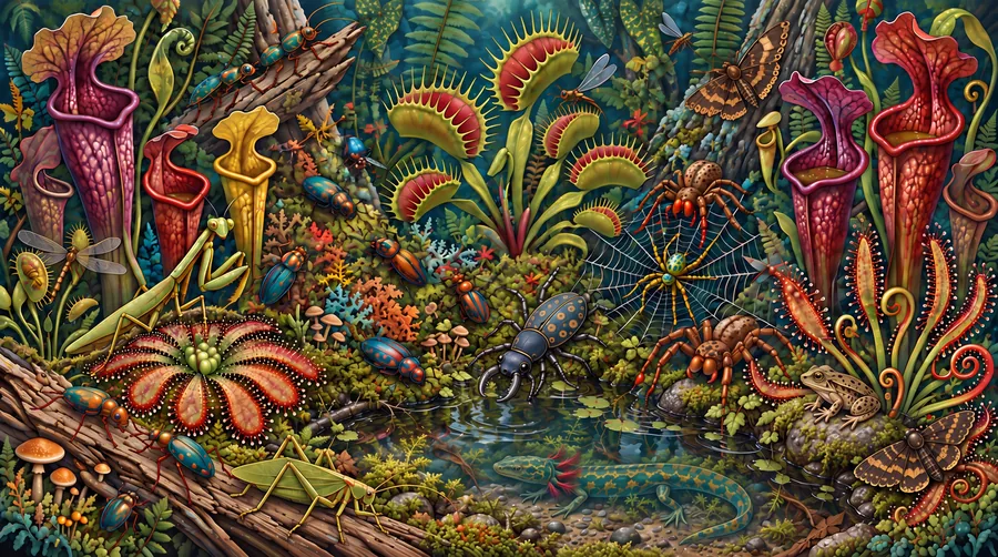 A detailed painting of a woodland bog full of carnivorous plants: tall red and yellow pitcher plants, Venus flytraps and a sundew, with beetles, a praying mantis, spiders on a web, a frog, a newt and moths among moss, bark and a small pool