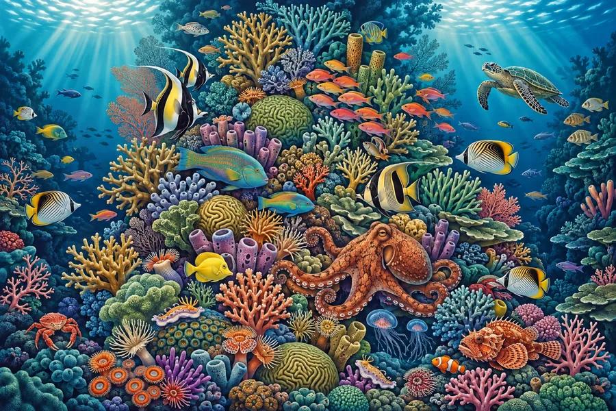 A detailed painting of a crowded sunlit coral reef with sunbeams from the upper corners, an octopus at lower right, a green sea turtle, Moorish idols, butterflyfish, parrotfish, a school of orange fish, sea slugs and a scorpionfish among many colorful corals