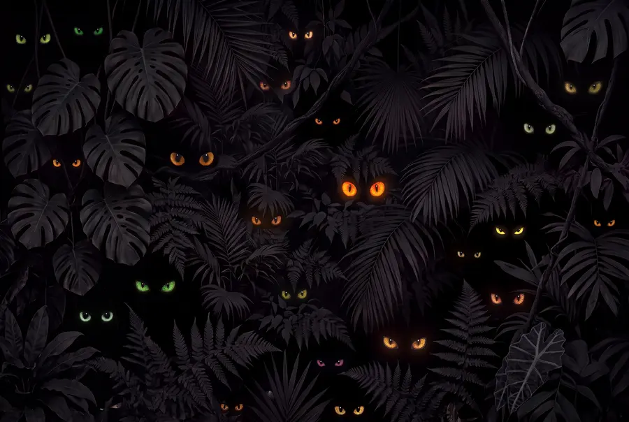 Dozens of pairs of glowing orange, green and yellow eyes peering out from a dense, nearly black jungle of monstera leaves, palm fronds and ferns
