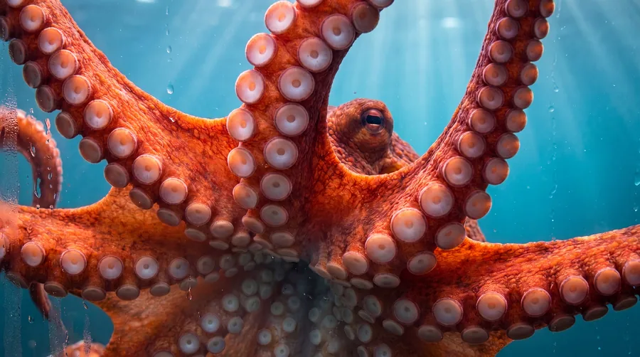 Underwater photo of an octopus with its arms spread wide toward the camera and one eye visible at the center, lit by shafts of sunlight